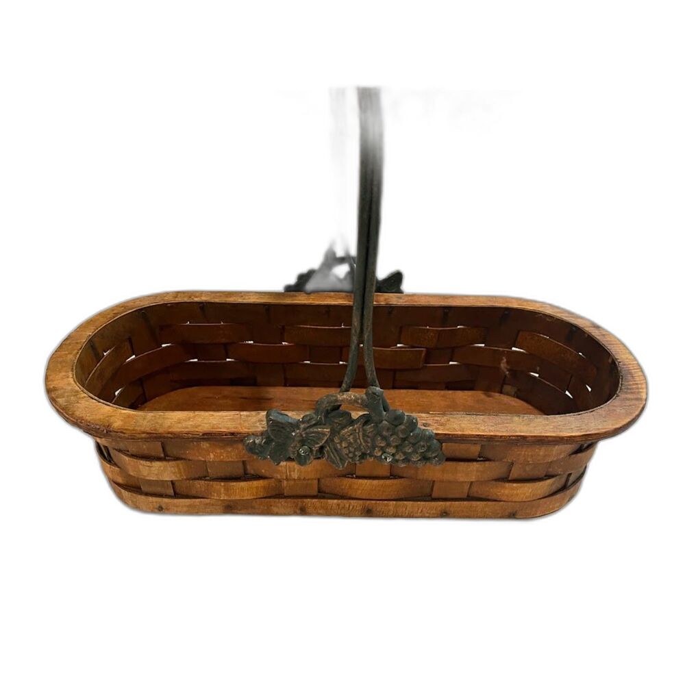 Rustic Oblong Basket 14"x 6" Country Wood Metal Handle Butterfly & Grapes Motif